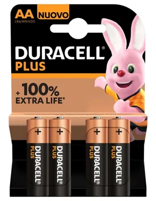 Paquete de 4 Pilas Plus AA 100% Extra Life – Pilas Alcalinas - Duracell
