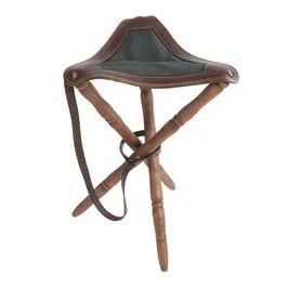 Silla de Caza Trípode con Asiento en Piel de Bovino y Sarga, Patas Torneadas en Madera de Haya