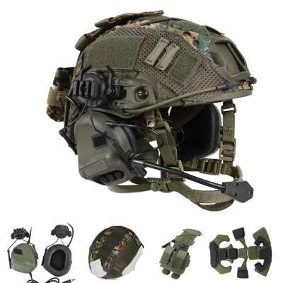 Casque Type FAST PJ - Pack Complet Avec Casque Audio, Housse et Pochette Batterie - Housse Camouflage - BDU AIRSOFT