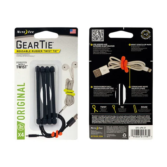 Nite Ize Gear Tie 3" 4 Pack · Negro