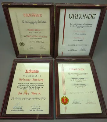 4 x Geraamde DDR Oorkonde VEB Industie Kooperation Schiffbau