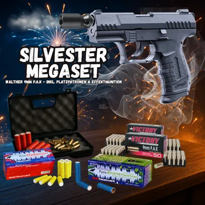 New Year's EVE Megaset !!! Shotgun - P22 - 9 mm P.a.k. Incl. Case, 100 Blanks & 100 Rounds of Effect Ammunition - Walther