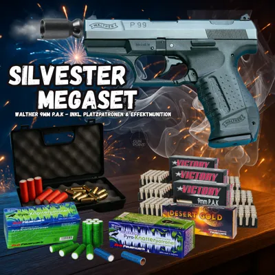 New Year's EVE Megaset !!! Shotgun - P99 - 9 mm P.a.k. Incl. Case, 100 Blanks & 120 Rounds of Effect Ammunition - Walther