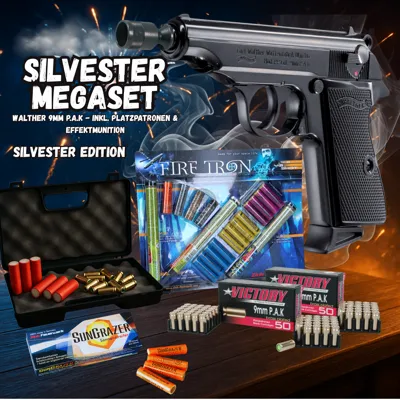 New Year's EVE Megaset !!! Shotgun - PP - 9 mm P.a.k. Incl. Case, 100 Blanks & 100 Rounds Effect Ammunition - Walther