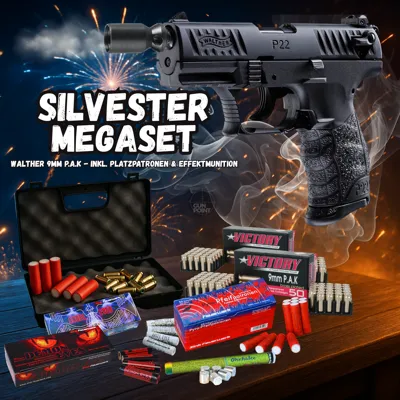 New Year's EVE Megaset !!! Shotgun - P22Q - 9 mm P.a.k. Incl. Case, 100 Blanks & 106 Rounds of Effect Ammunition - Walther