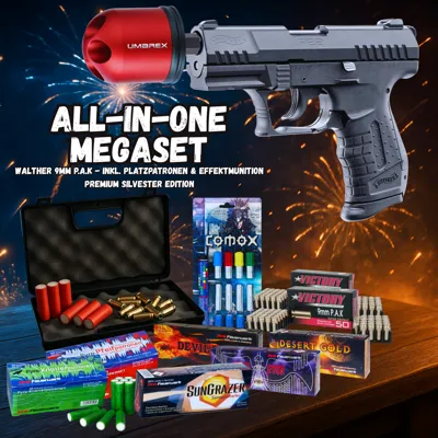 New Year's EVE Megaset !!! Shotgun - P22 - 9 mm P.a.k. Incl. Case, 100 Blanks & 100 Rounds of Effect Ammunition - Walther