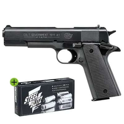 Government 1911 A1 Schreckschusspistole Kal. 9mm P.a.k. Brüniert Inkl. 50 Schuss Steel Blitz Platzpatronen - Colt