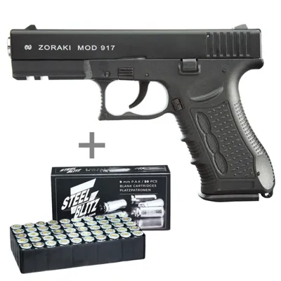 917 Schreckschusspistole Brüniert-Chrom Kal. 9mm P.a.k. Inkl. 50 Schuss Pobjeda Steel Blitz Platzpatronen - Zoraki