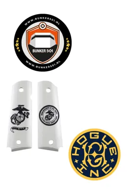 Grip 45031 Govt. Model Scrimshaw Ivory Polymer Ambi Safety Cut - Marines Eagle Globe and Anchor - Hogue