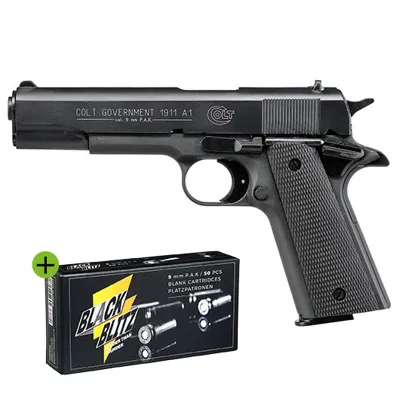 Government 1911 A1 Schreckschusspistole Kal. 9mm P.a.k. Brüniert + 50 Schuss Pobjeda Blitz - Colt