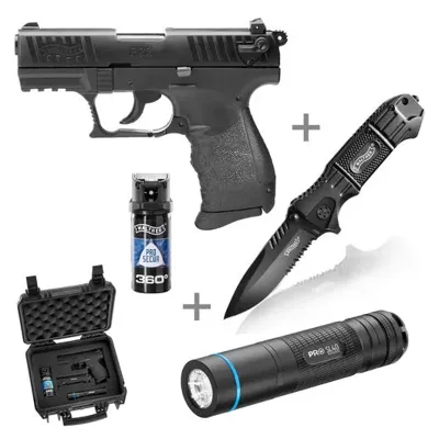 P22Q Schreckschuss Pistole 9mm P.a.k. R2D-KIT Inkl. Pfefferspray, Messer, Lampe, Waffenkoffer - Walther