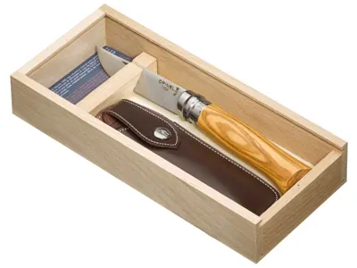 Opinel-Messer Nr. 8 Kunstleder-Etui in Holzgeschenkbox