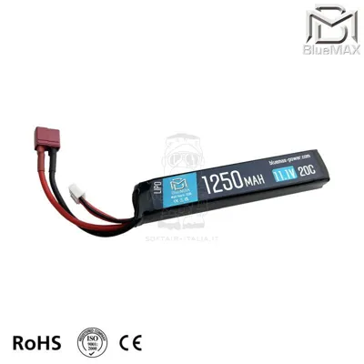 Li-Po Battery Batteria 1250mAh 20C 11.1V Stick W Deans By Max - BlueMax