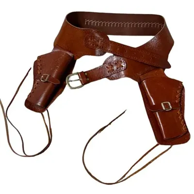Cinturone Western in Cuoio Marrone con Cartucciera e Doppia Fondina - THIRD AMONT