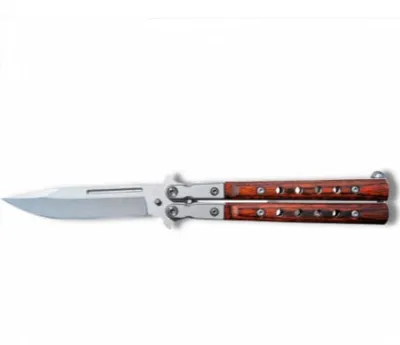 Coltello A Farfalla con Lama Forata Da 9 cm, Acciaio Opaco, Legno Balisong - DM Diffusion