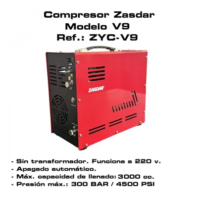 Compresor Eléctrico V9 a 220 V. PCP 300 BAR. Parada Automática