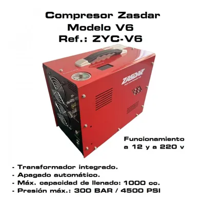 Compresor Eléctrico V6 a 12 V/220 V. PCP 300 BAR. Transformador Incluido. Parada Automática
