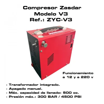 Compresor Eléctrico V3 a 12 V/220 V. PCP 300 BAR. Transformador Incluido. Parada Manual