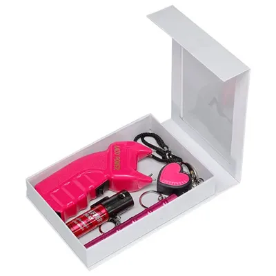 Lady Defense Set Elektroschocker, Kubotan Mit LED Lampe, Pfefferspray Und Schutzalarm Inkl. Geschenkverpackung - KH Security