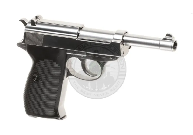 WE – Walther P38 Full Metal, Sølv · Negro