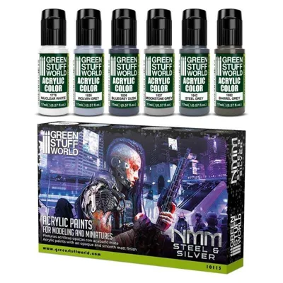 STUFF WORLD Set Pintura MNM y Acero - Caja de 6 (10113) - Green Stuff Word